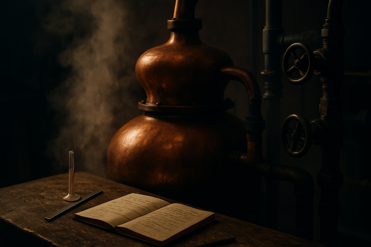 Close view of a copper still run with warm steam, dark metal fittings, and handwritten process notes on a workbench