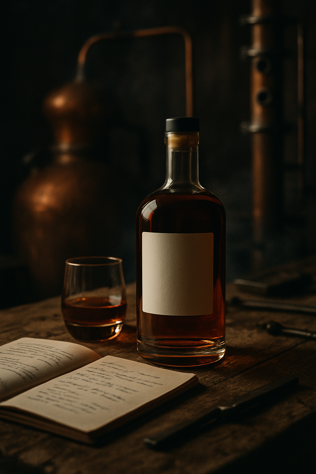 Beetroot molasses rum bottle on a dark wooden bench with a tasting glass, copper still parts, notebook pages, and warm workshop light
