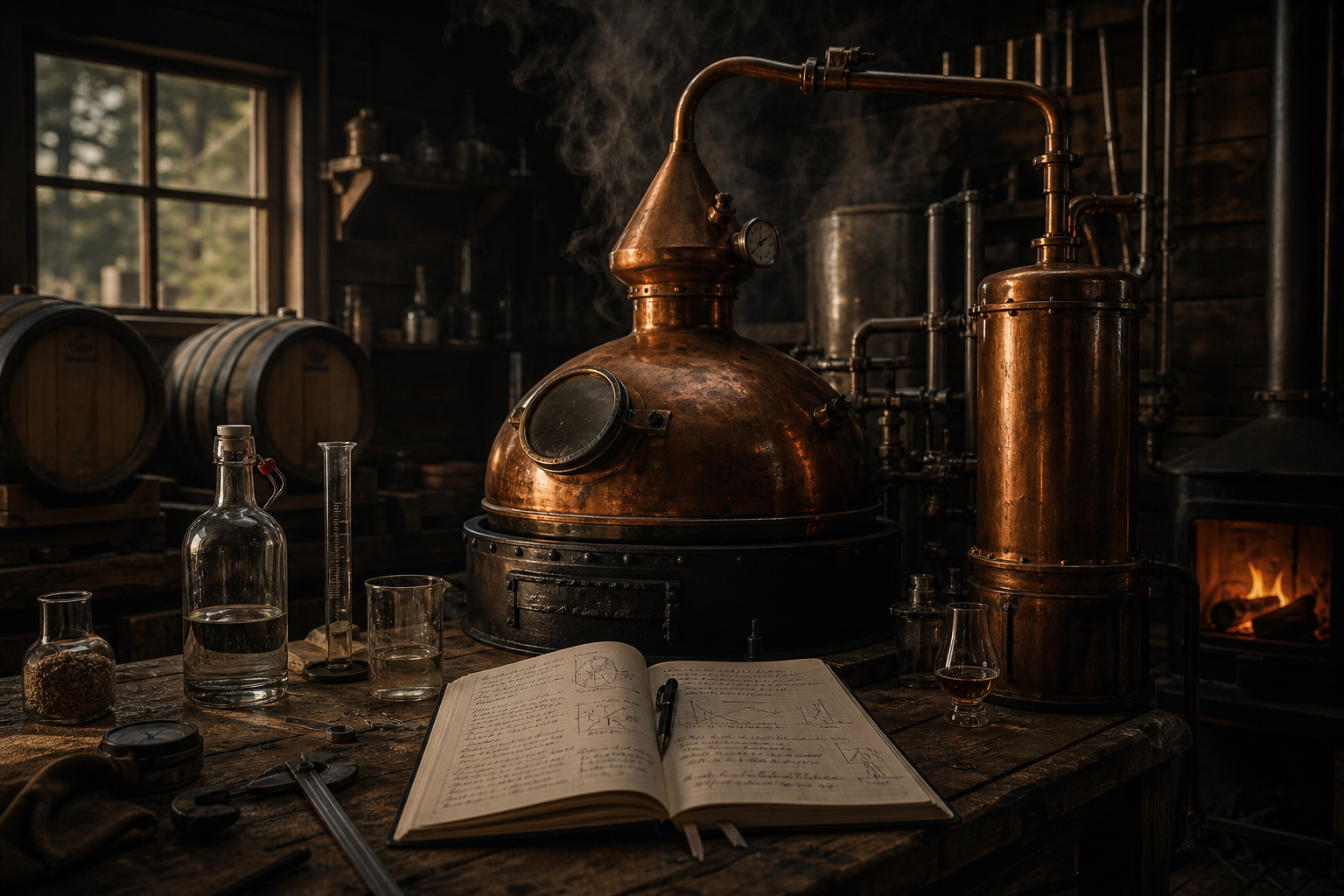 Moody distilling workshop scene with copper still equipment, handwritten notes, rough timber workbench, and warm low evening light