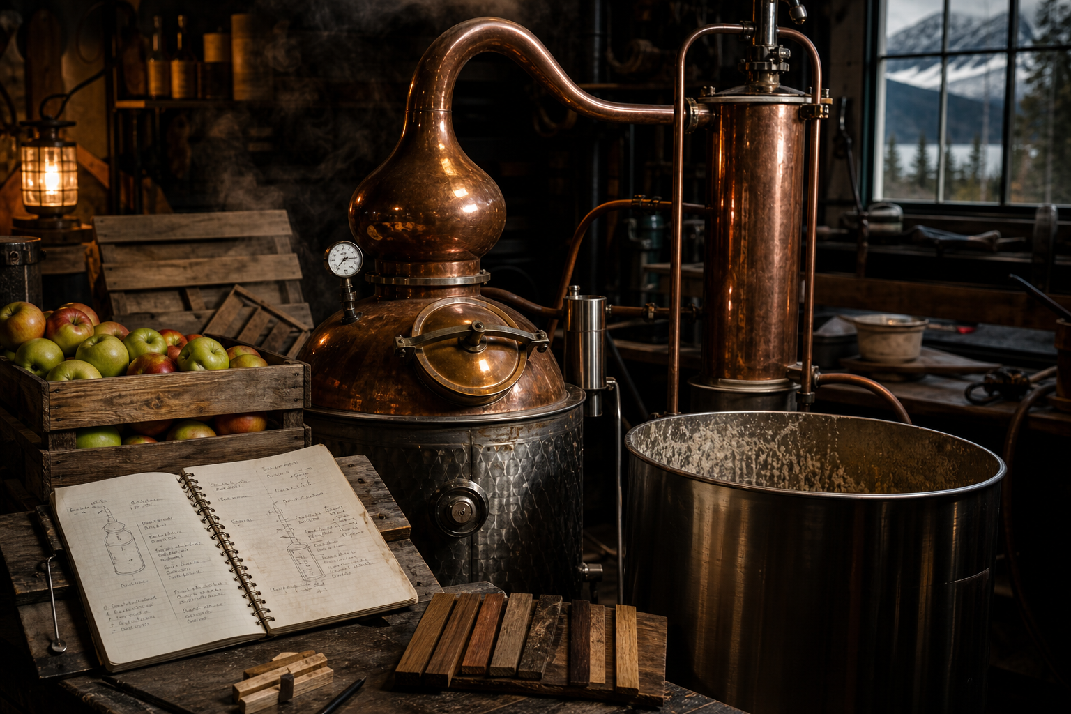 Copper still, apple references, and oak samples arranged in a Nordic workshop as future calvados experiment planning material