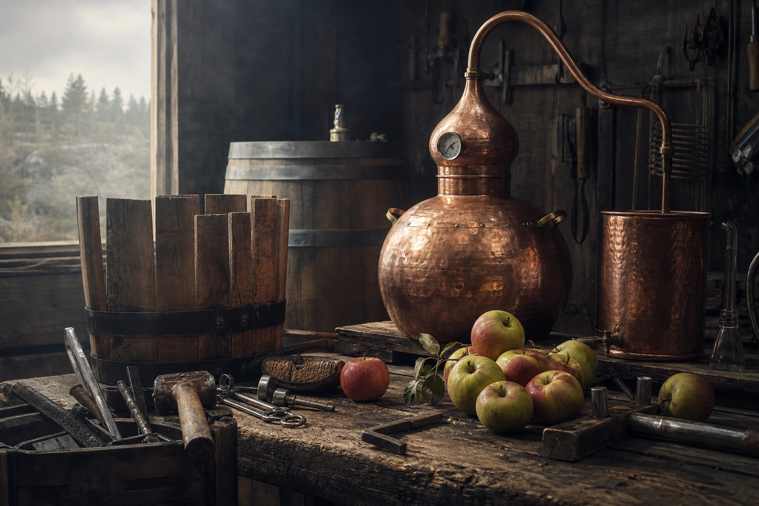 Atmospheric copper alembic still with apples, wood samples, and workshop tools in a dim Nordic distilling space