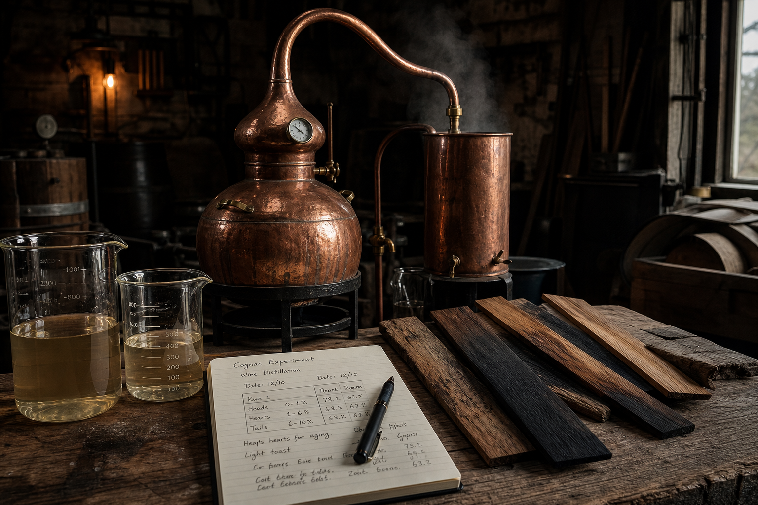 Copper alembic beside grape wine wash samples, charred oak staves, and handwritten trial notes in a dim workshop