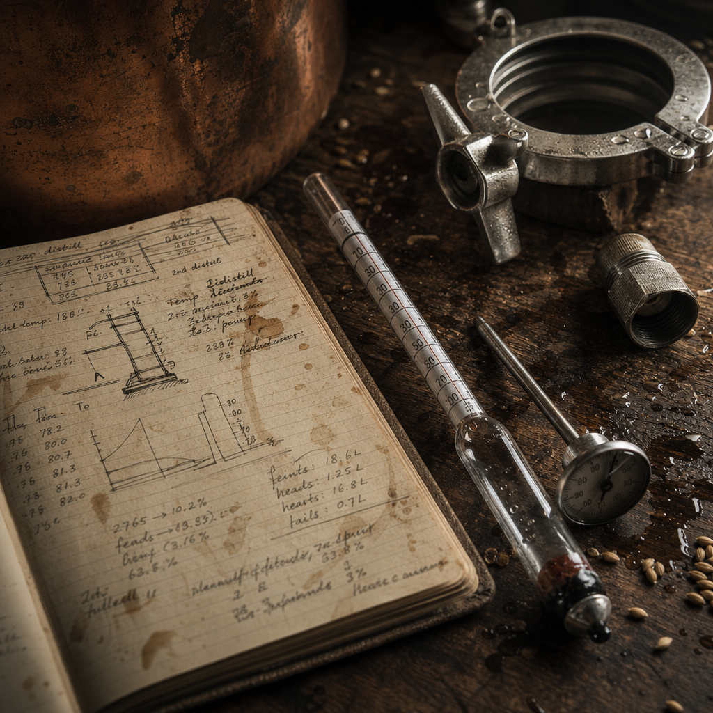 Close-up of handwritten distillation notes beside hydrometer and stained steel fittings