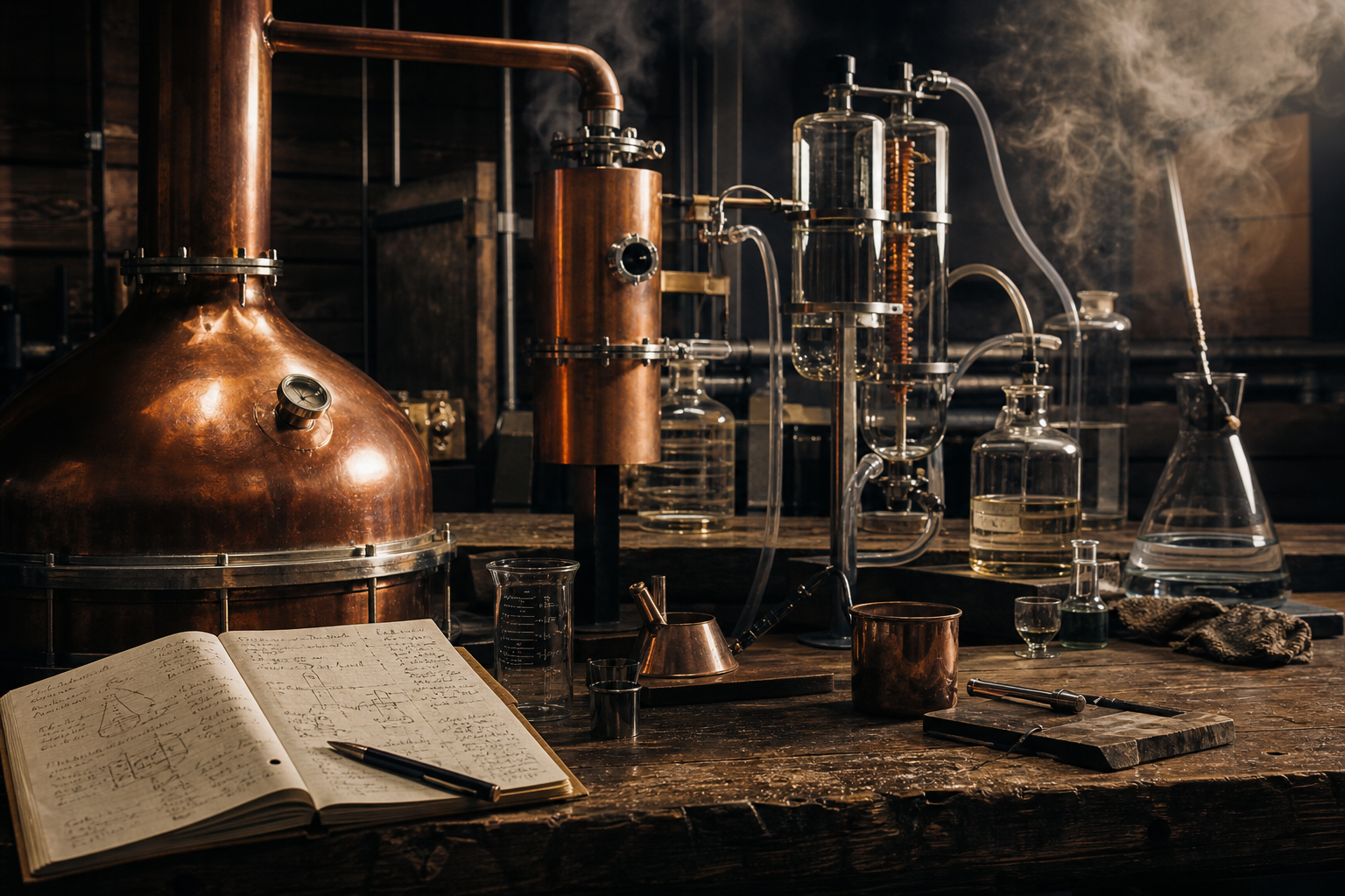 Large workshop process scene with copper equipment, connected glass vessels, tubing, handwritten notes, and rising vapor in low warm light