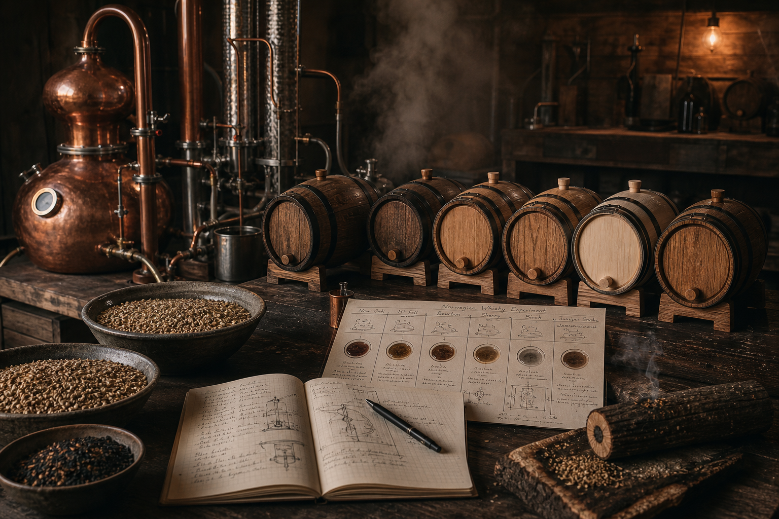 Norwegian whisky experiment setup with copper workshop equipment, malt grain samples, handwritten trial notes, small birch barrels, and warm low process light