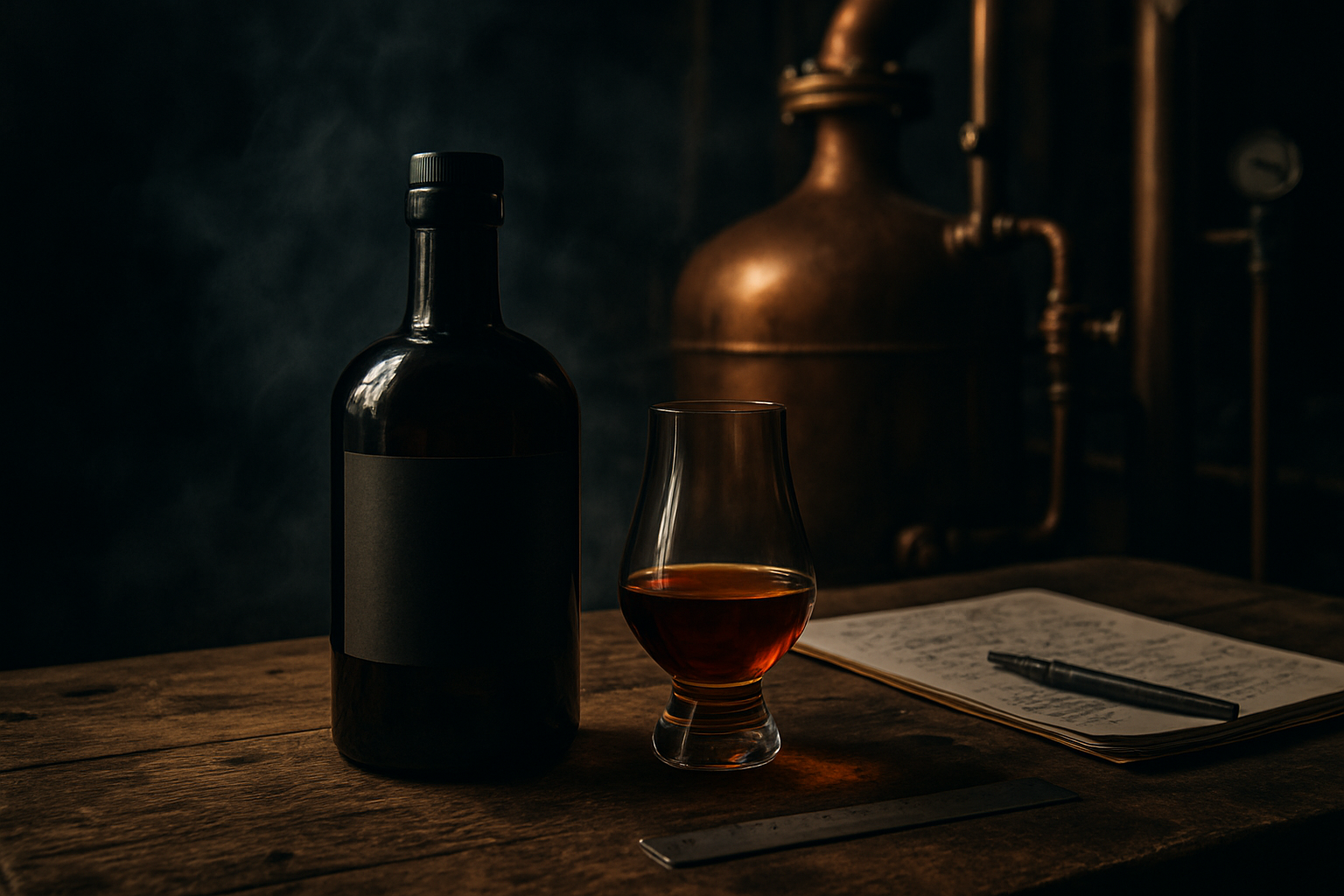 Bold Jamaican rum presentation in an experimental distillery with copper still details, smoky atmosphere, wood textures, and process notes on a rugged workbench