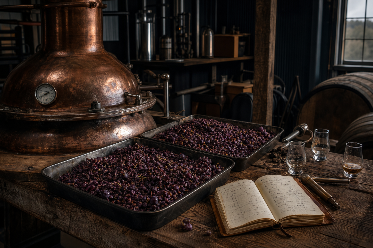 Atmospheric copper still and grape pomace setup on a rugged distilling workbench with notebooks and glassware