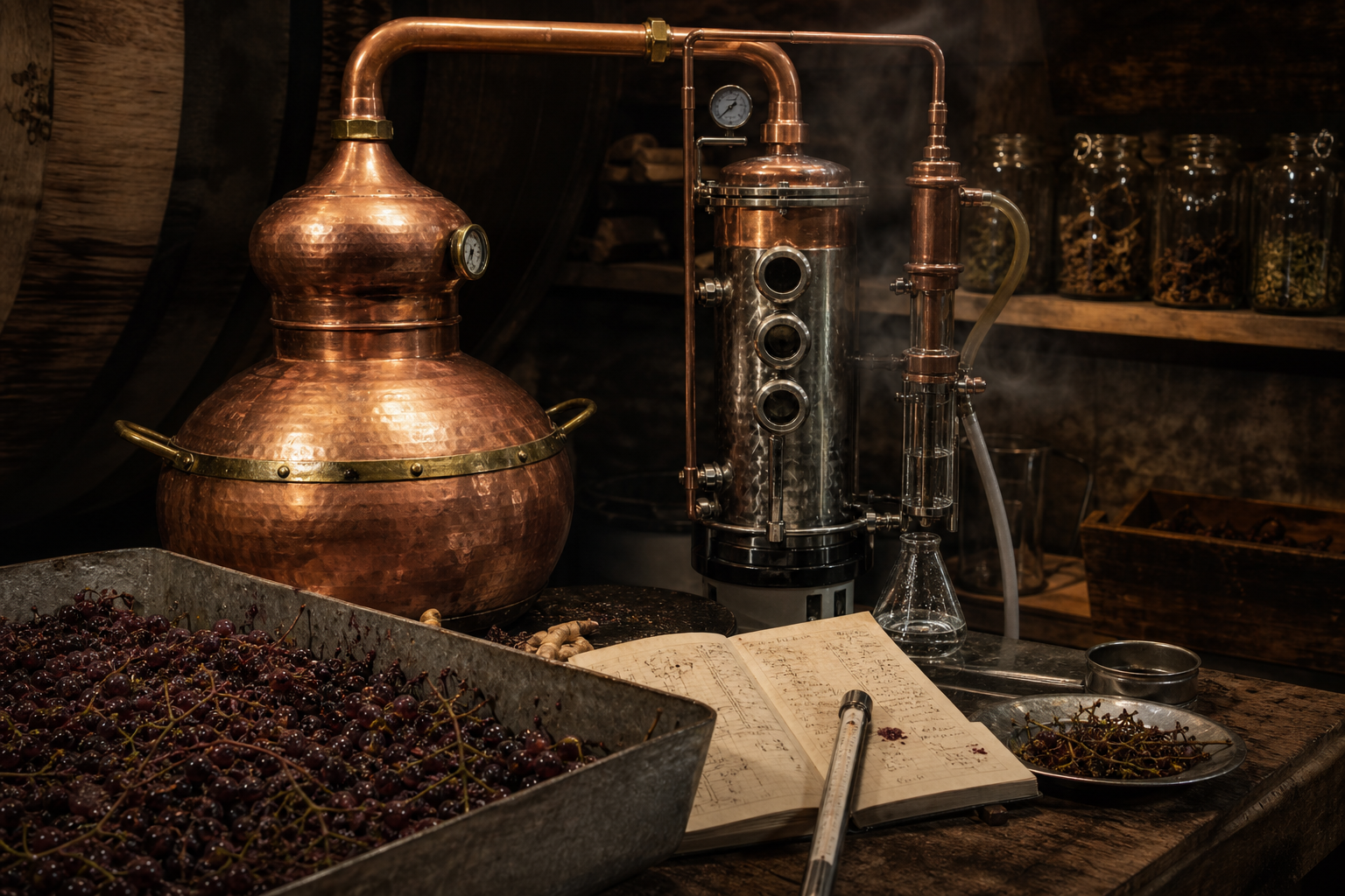 Copper still and grape pomace setup in a rugged workshop shown as visual reference for planned future grappa experiments