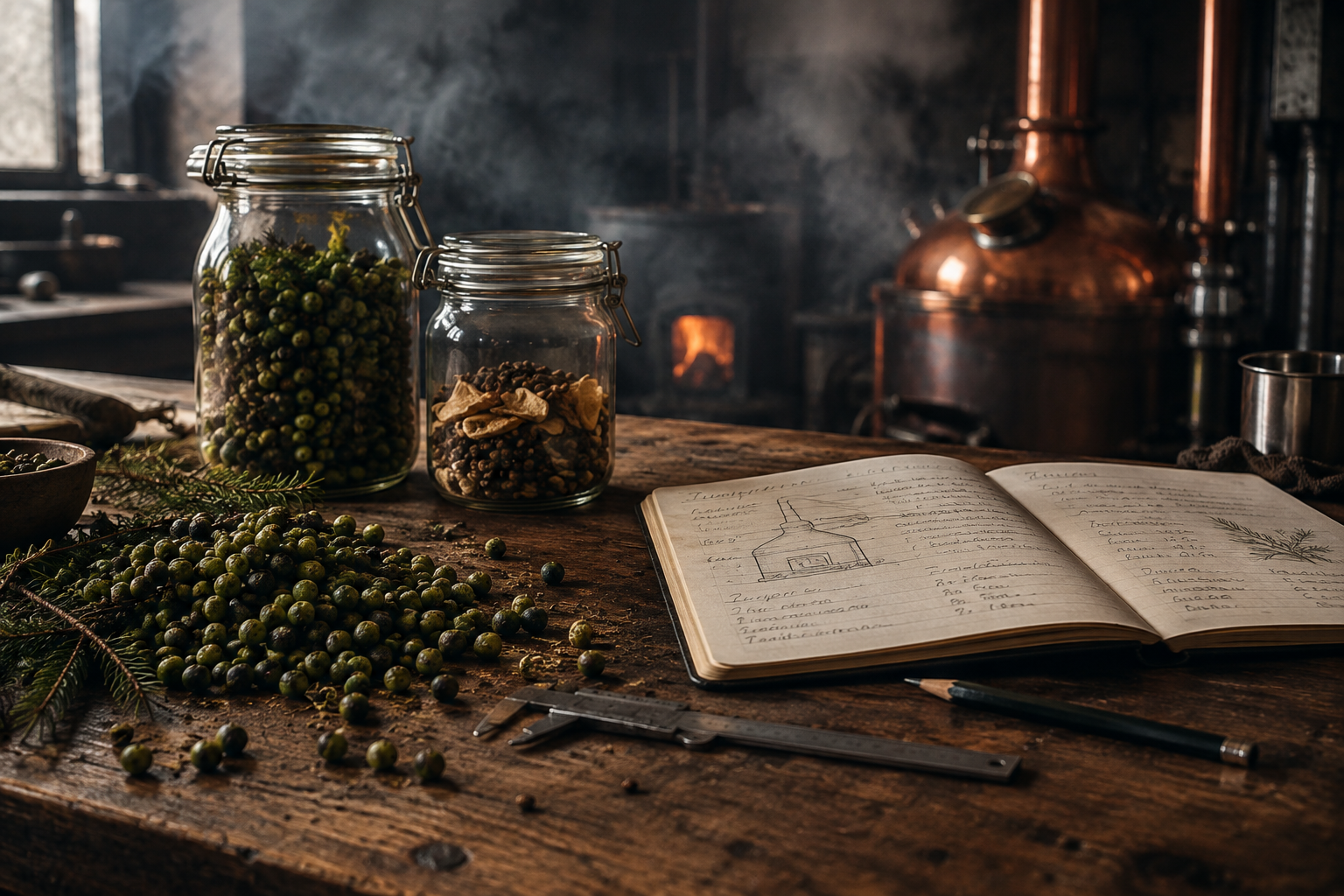 Fresh green juniper berries on a wooden bench beside clear glass jars, a distiller's notebook with handwritten process notes, and practical workshop tools in warm low light
