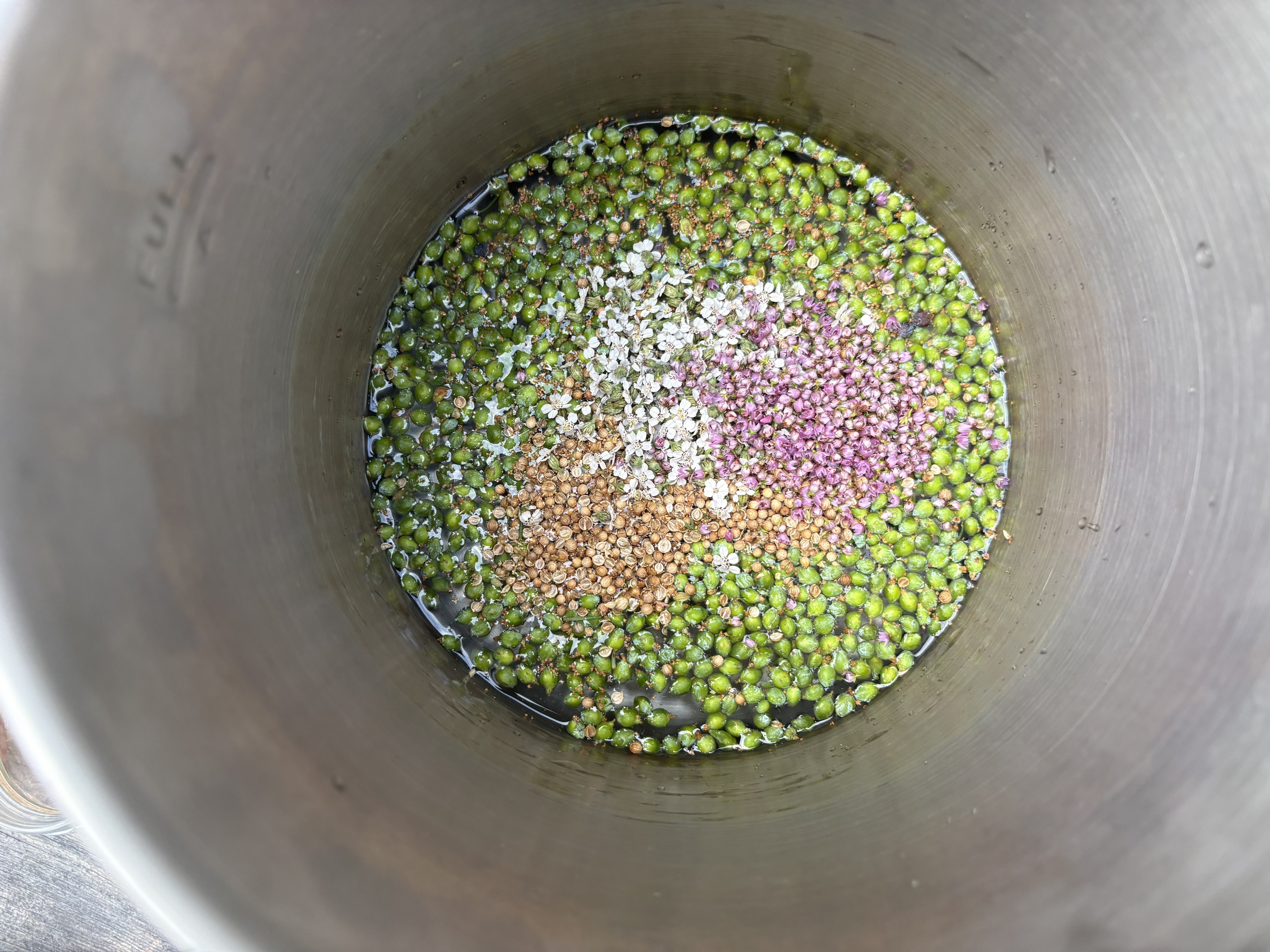 Wide overhead view down the stainless vessel showing the full botanical charge at rest