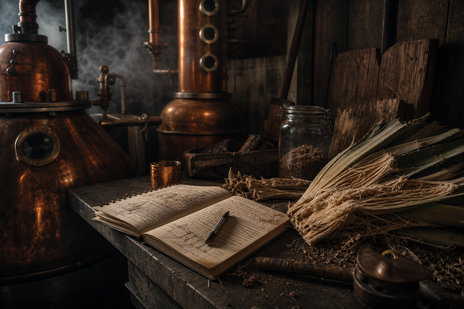 Atmospheric workshop still life with copper still parts, agave fibers, and handwritten notes in warm smoke haze