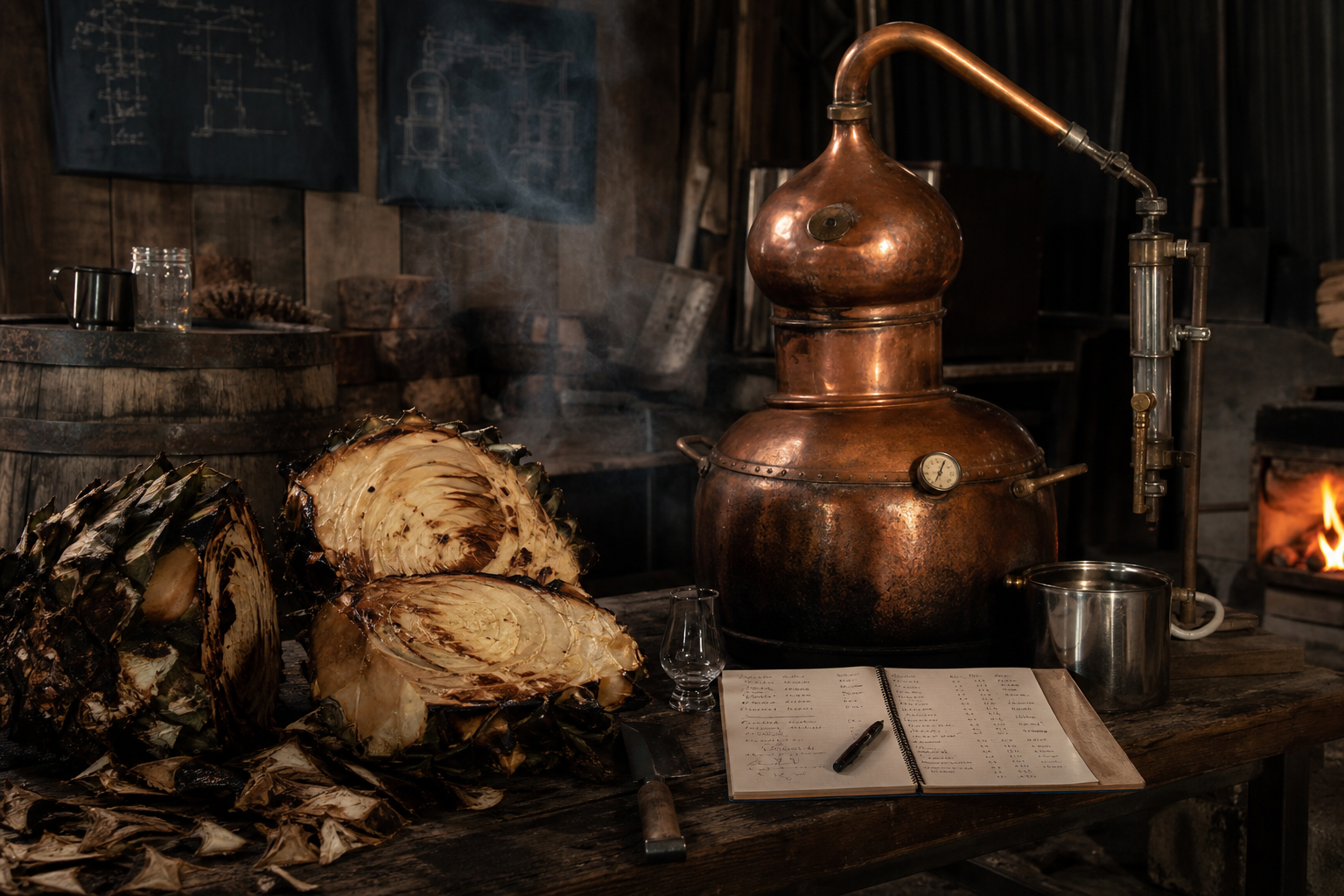 Mezcal process workspace with roasted agave hearts, copper still details, smoke haze, and handwritten cut notes on a wooden bench