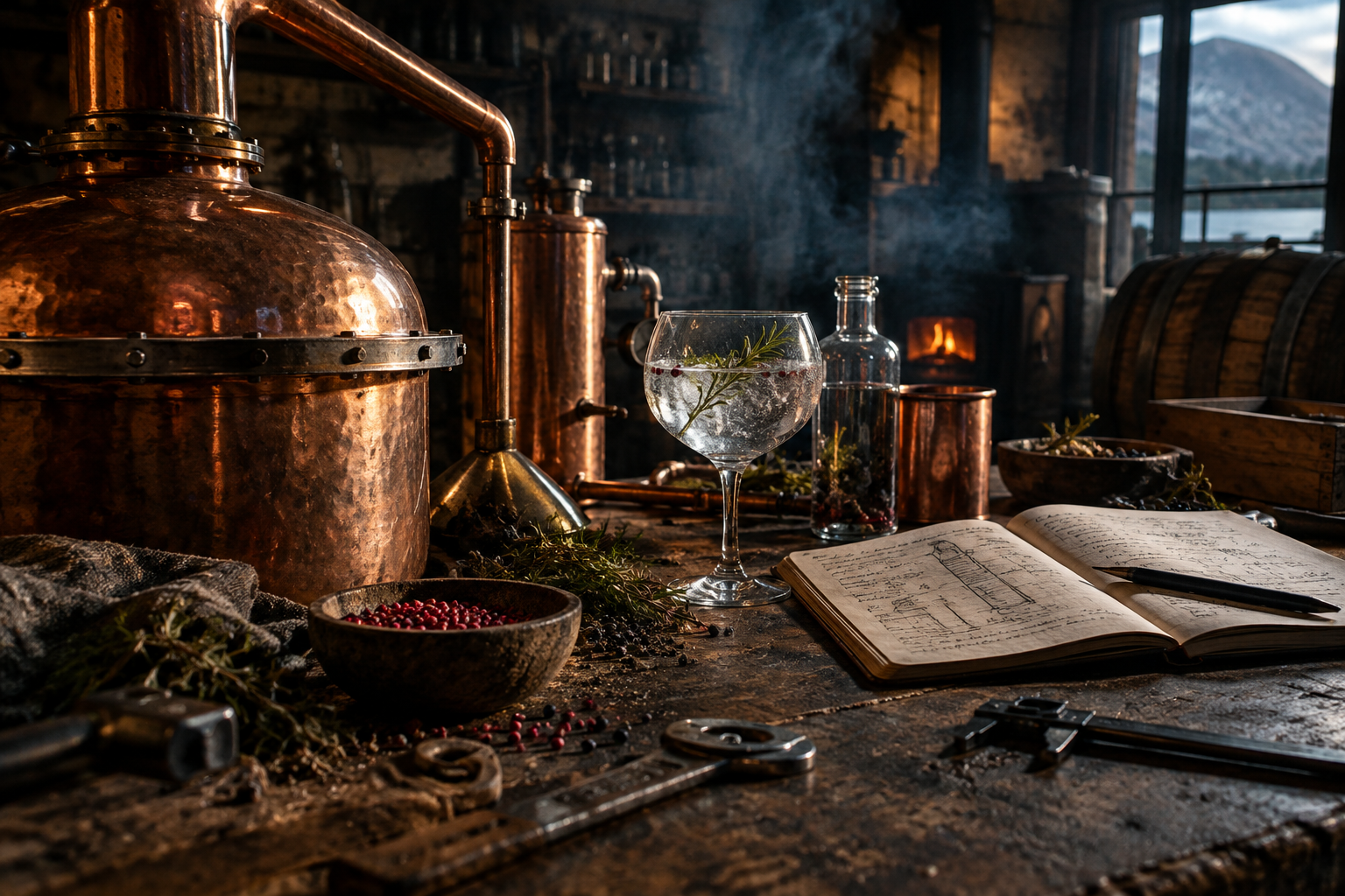 Moody distilling workspace with copper still parts, pink peppercorns, clear gin glassware, handwritten notes, and warm workshop light with light smoke