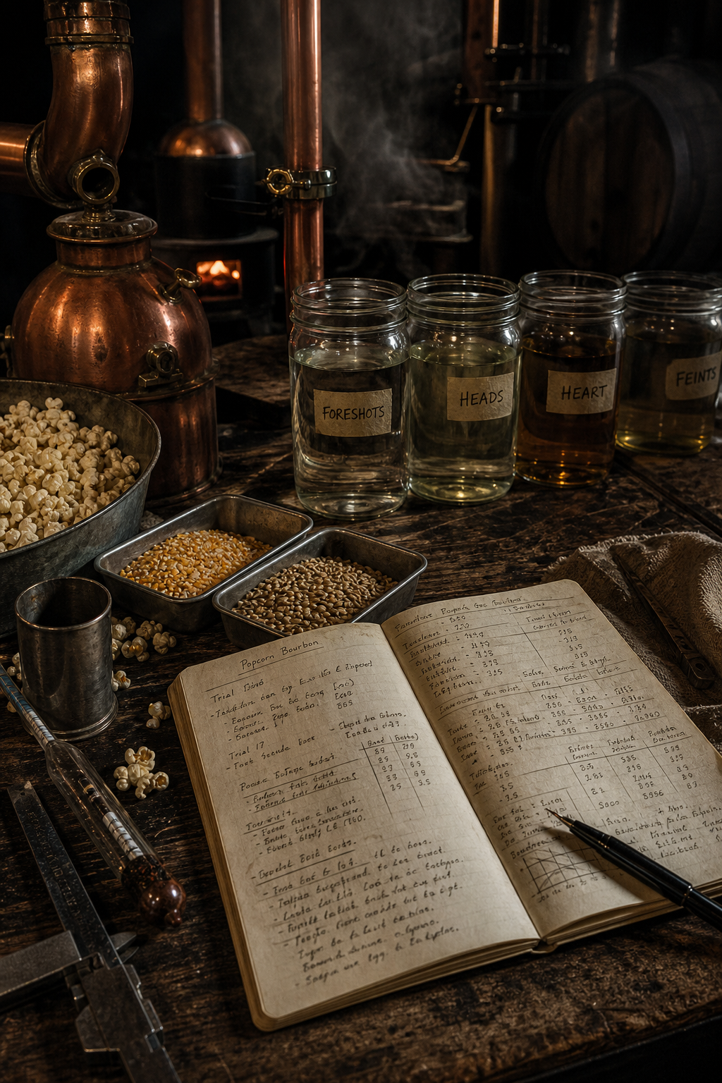 Workshop bench with popcornbourbon experiment materials, copper still components, labeled jars, grain samples, and handwritten trial notes under warm low light