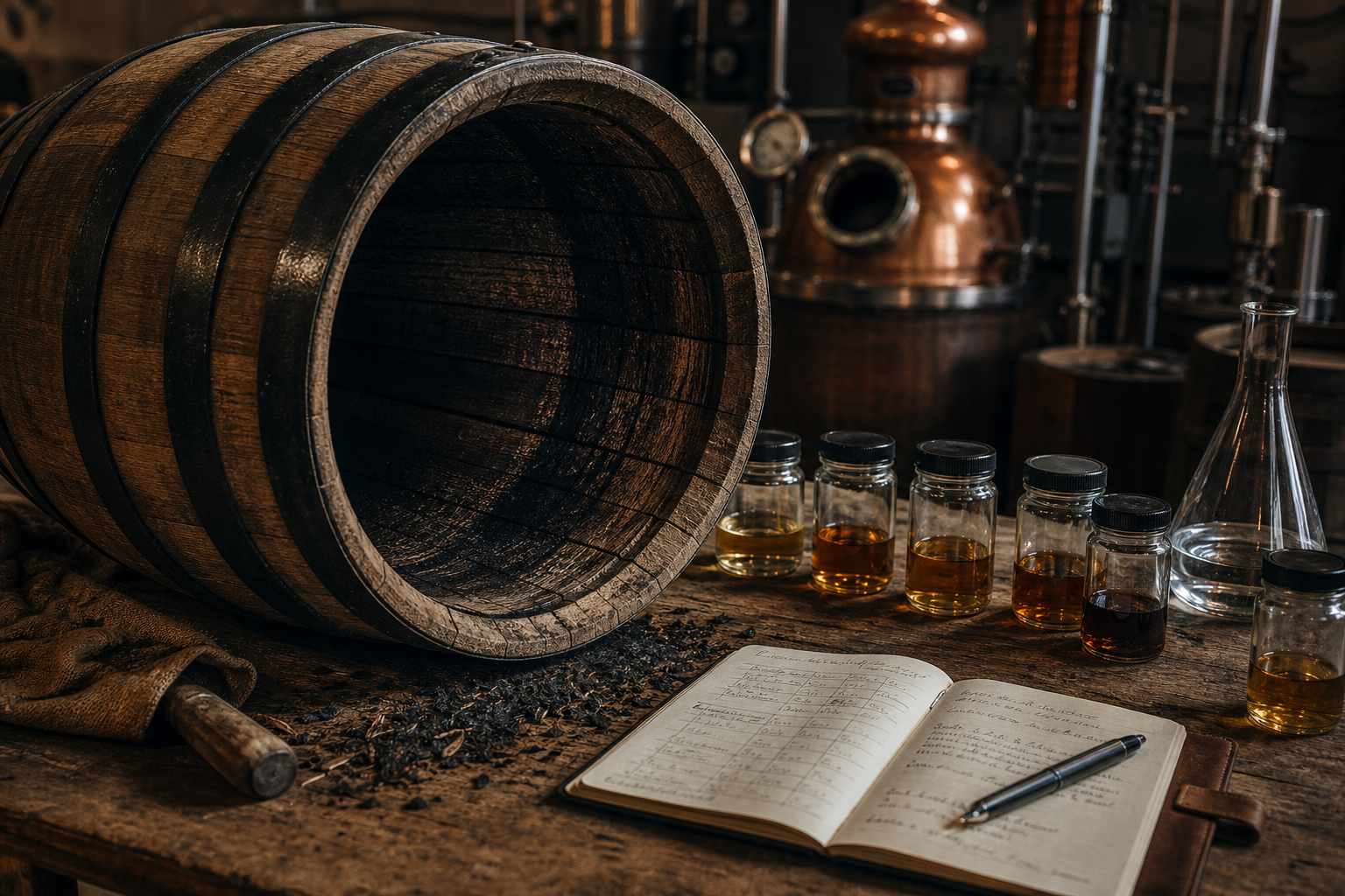 Open oak barrel with marked char levels, sample jars, and handwritten tasting notes on a rough workshop bench