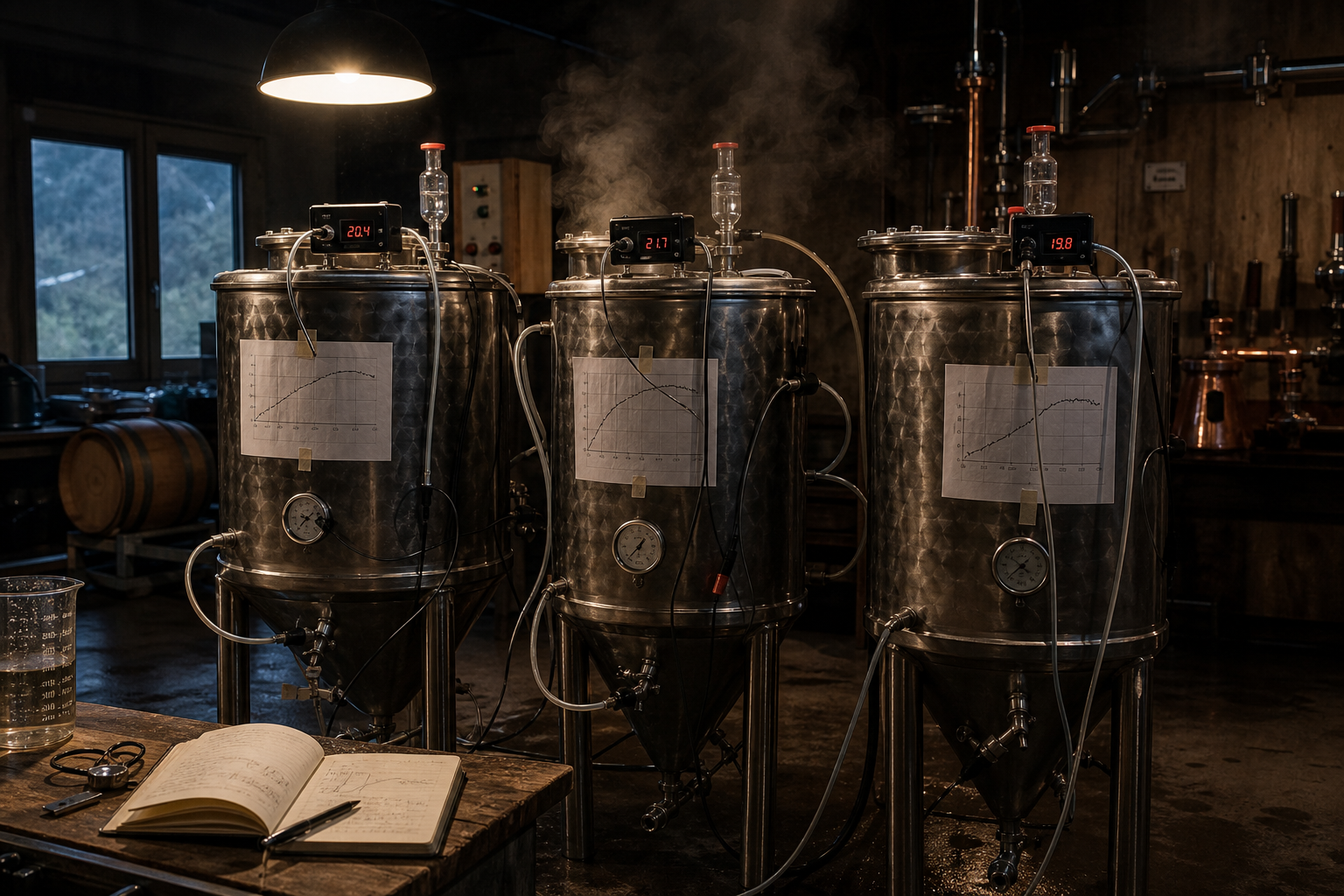 Three stainless fermentation vessels with probes and taped temperature curves in a dim distillery corner