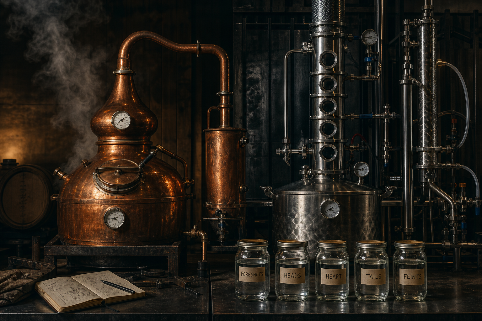 Close comparison of a copper pot still and a packed reflux column with gauges, condensers, and labeled cut jars