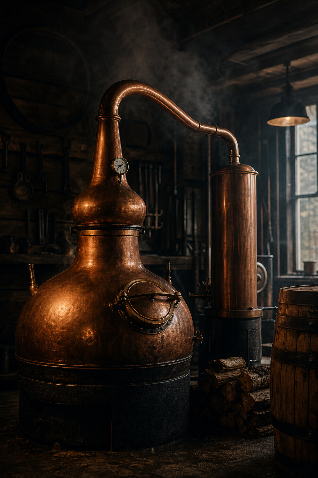 Atmospheric copper still in warm low light with soft haze, wood grain, and workshop shadows