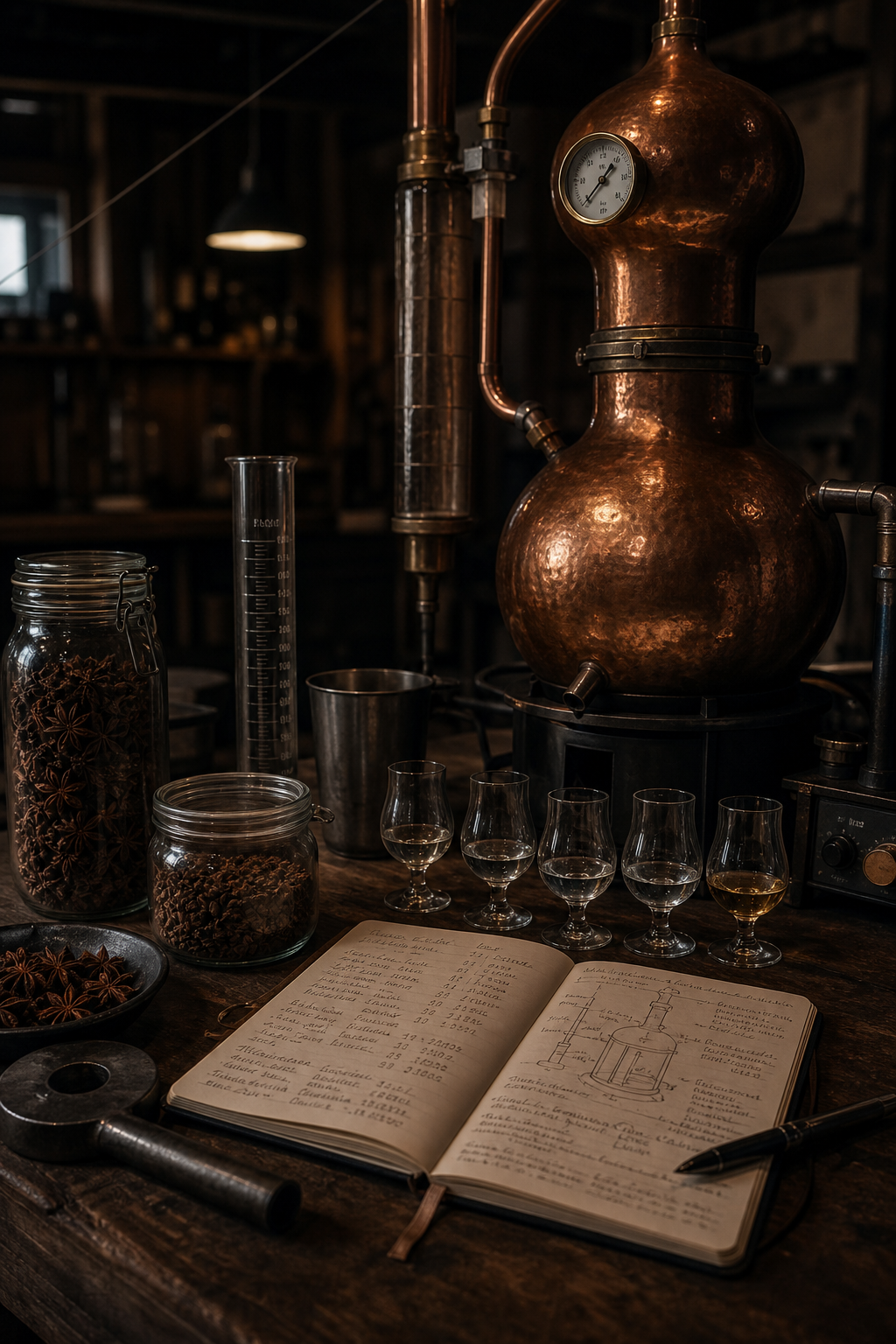 Copper pot still with anise jars, measured samples, and a handwritten notebook in a dim workshop setup