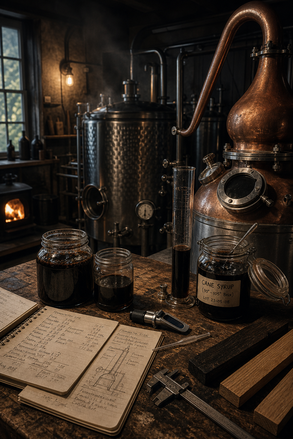 Dimly lit distilling workbench with stainless fermenters, a copper still neck, molasses jars, handwritten notes, and wood sample staves in a Nordic workshop
