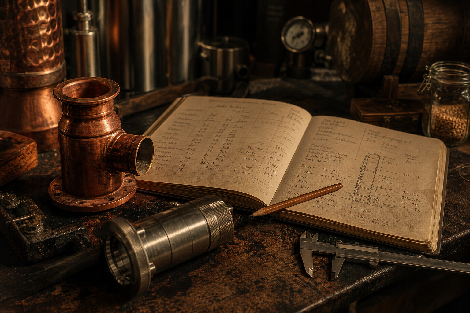 Worn distilling workbench with a copper fitting, open notebook of handwritten process notes, and measuring tools in warm low light