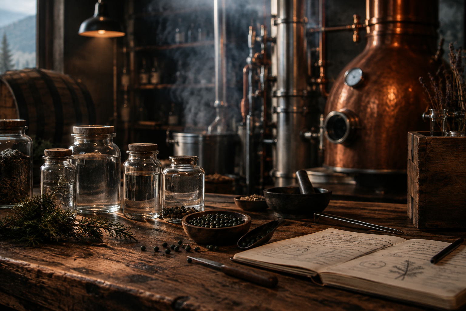 Quiet distilling workshop with clear spirit jars, juniper berries, handwritten notes, and restrained botanical tools on a warm wooden bench