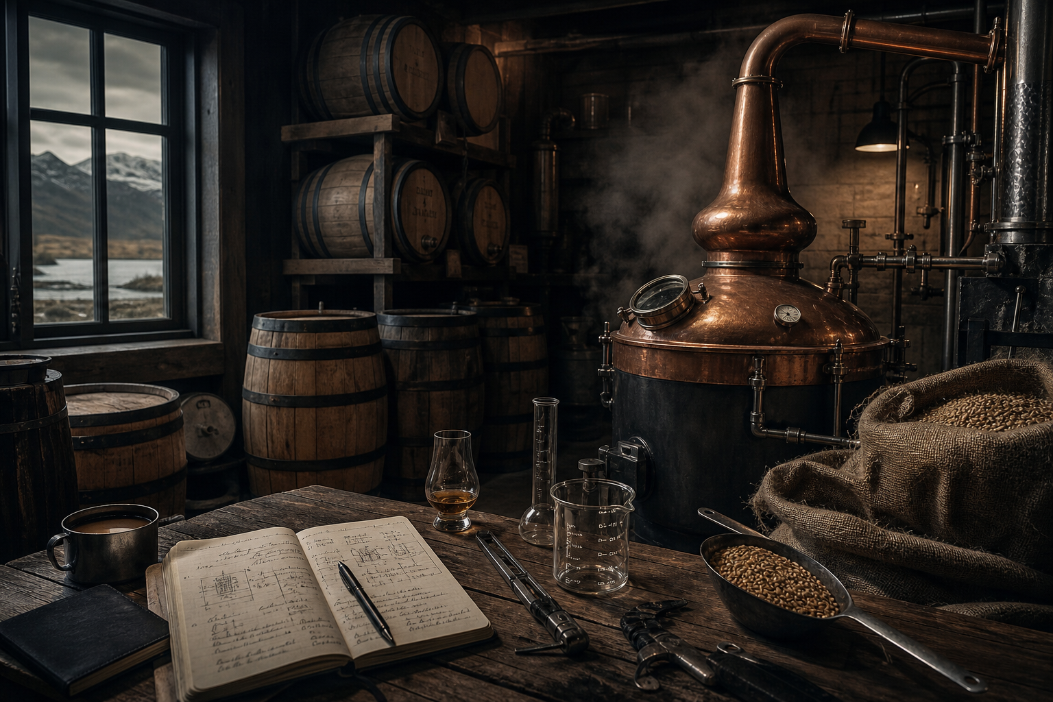 Rugged whisky distilling workspace with copper still, oak barrels, steam haze, and handwritten process notes