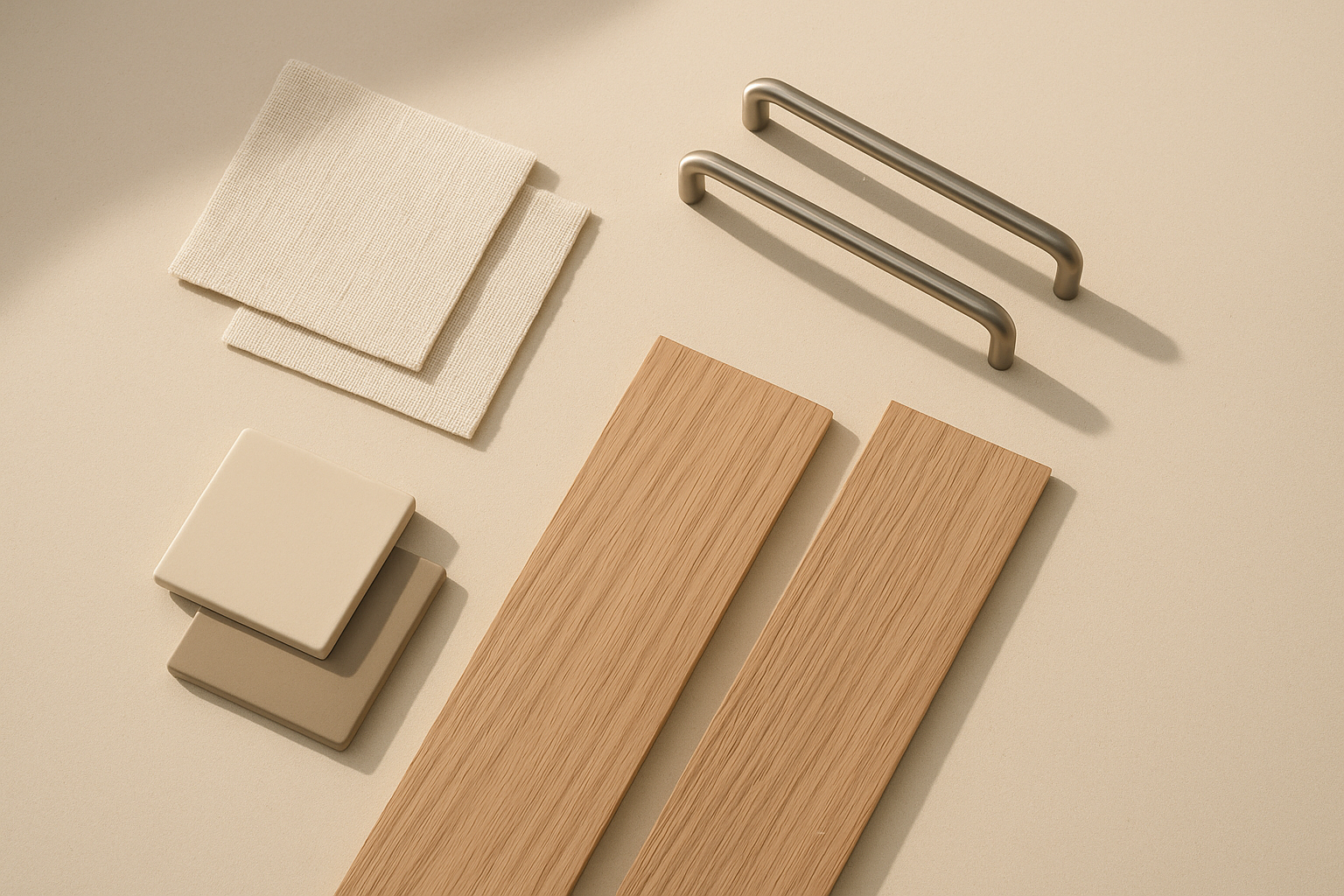 Material library table with pale linen swatches, brushed steel hardware, and light oak planks arranged in a Scandinavian studio