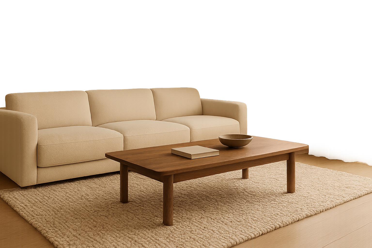Warm minimal living room featuring a cream modular sofa, low walnut coffee table, and soft daylight through sheer curtains