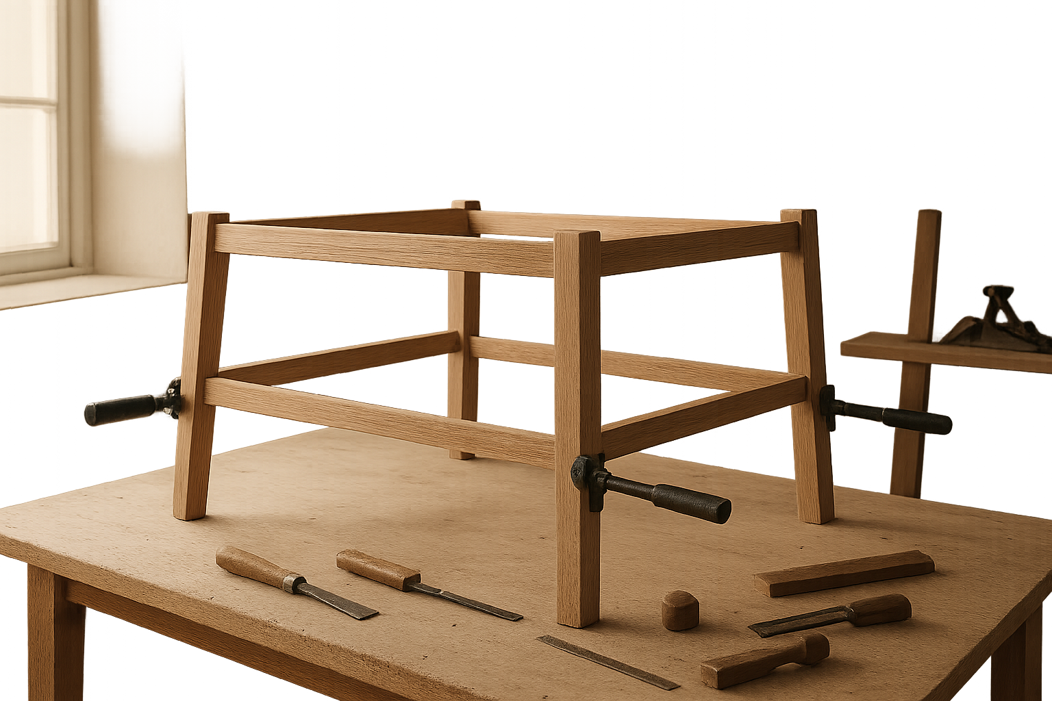 Close workshop scene with an oak dining table frame in progress, visible joinery tools, and soft northern daylight