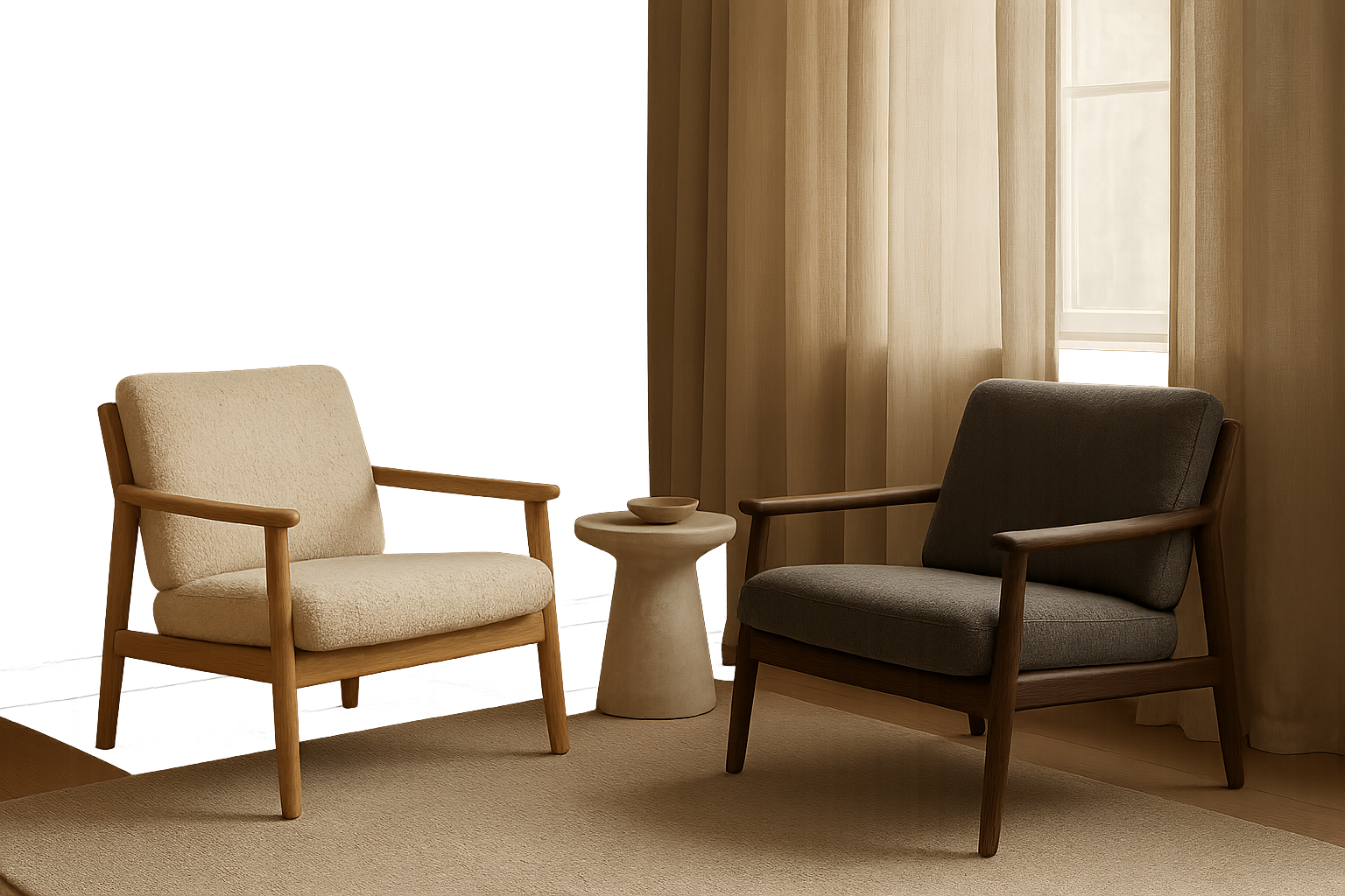 Minimal Scandinavian lounge chairs in a bright reading corner with linen curtains and soft daylight