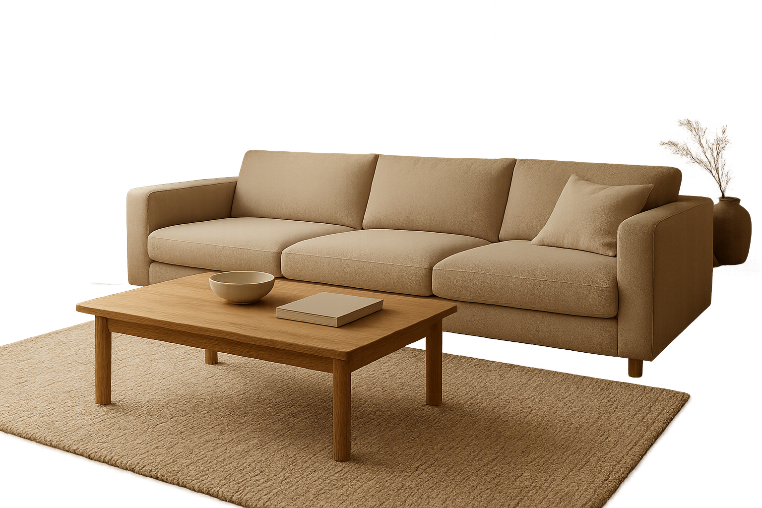 Scandinavian sofas in a warm modern living room with oak flooring and textured wool upholstery
