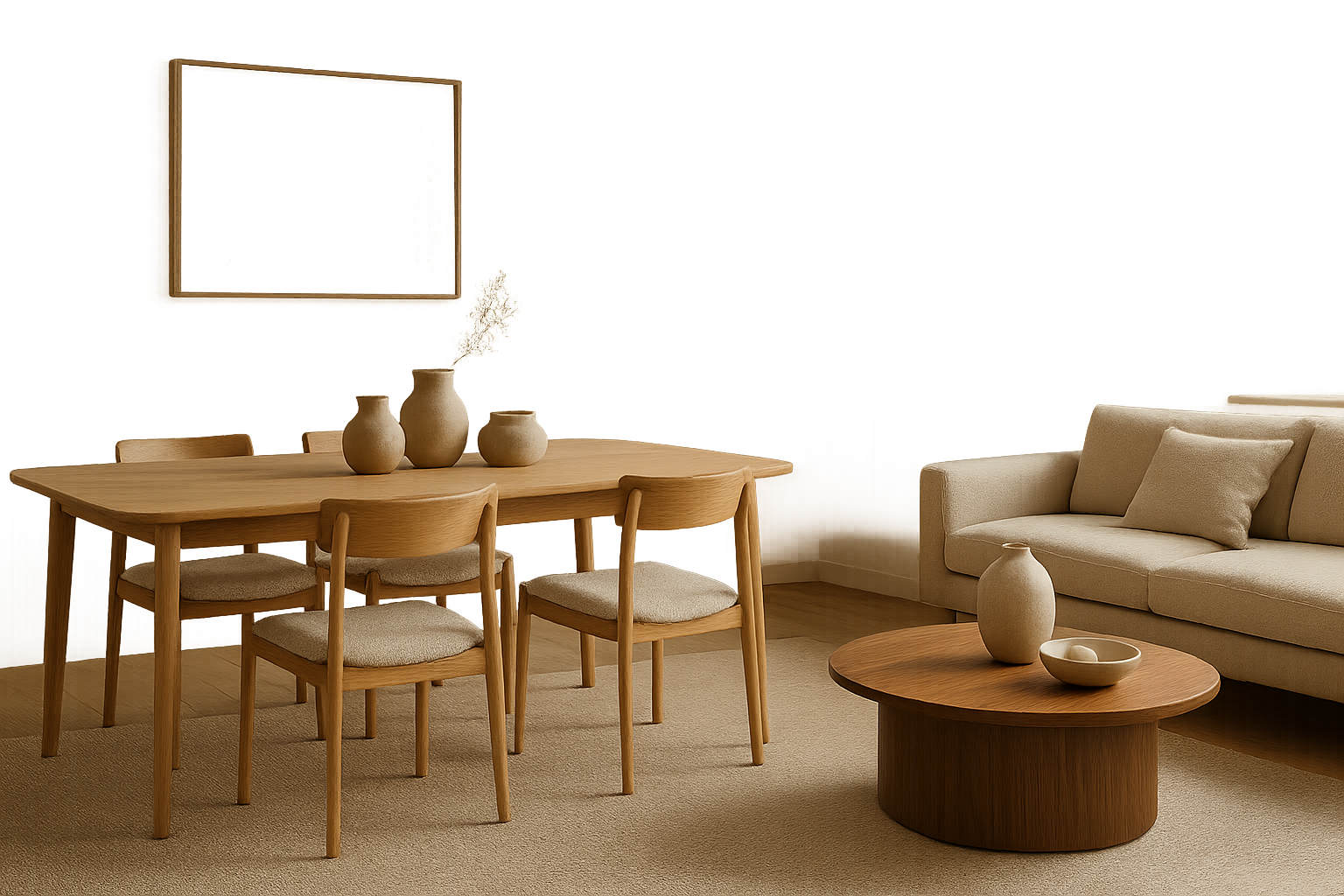 Oak dining and coffee tables styled in a calm Nordic interior with ceramic accents and natural light