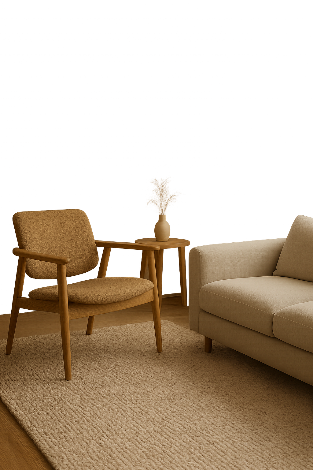 Small atmospheric Scandinavian interior frame with a warm oak lounge chair, linen sofa edge, and soft daylight
