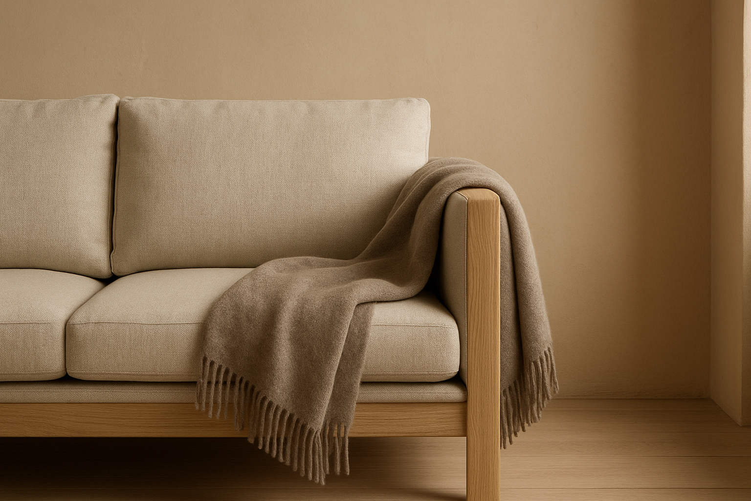 Close-up of a premium Scandinavian living room corner with natural oak sofa frame, textured linen upholstery, and warm neutral daylight