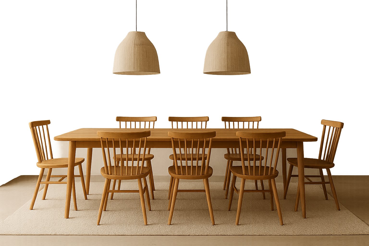 Refined dining space featuring a long solid oak table, six spindle-back chairs, and linen pendant lights over muted plaster walls