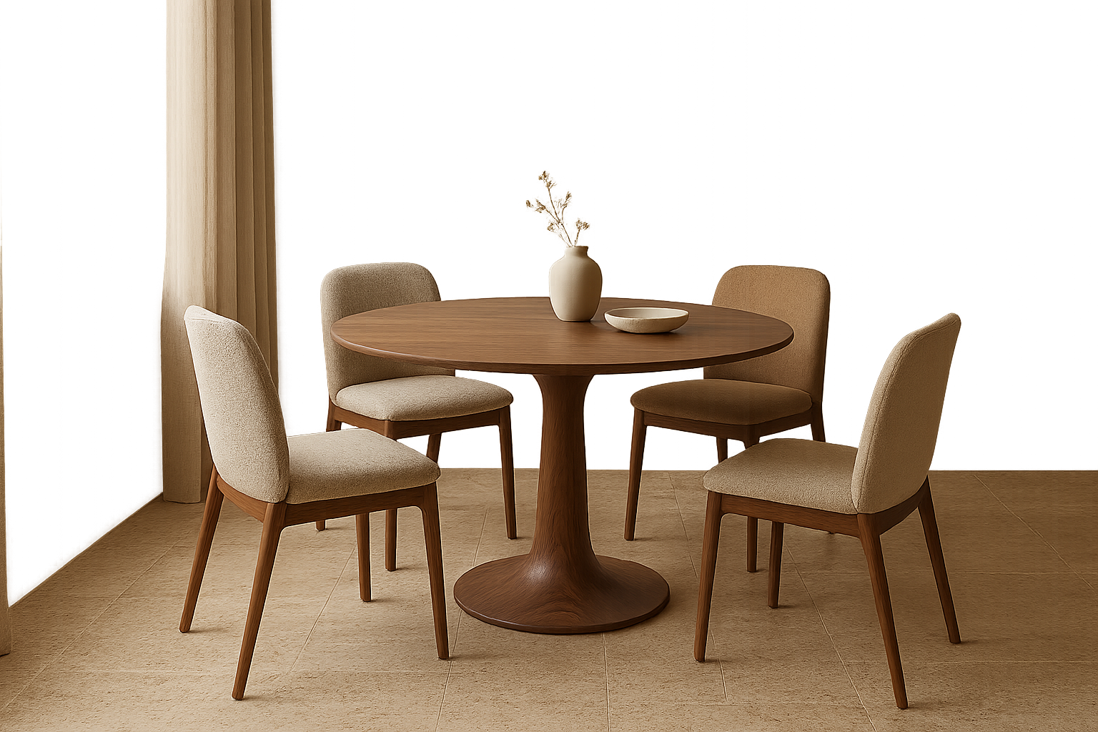 Contemporary dining nook with a round walnut pedestal table, mixed upholstery chairs, and soft daylight across travertine flooring