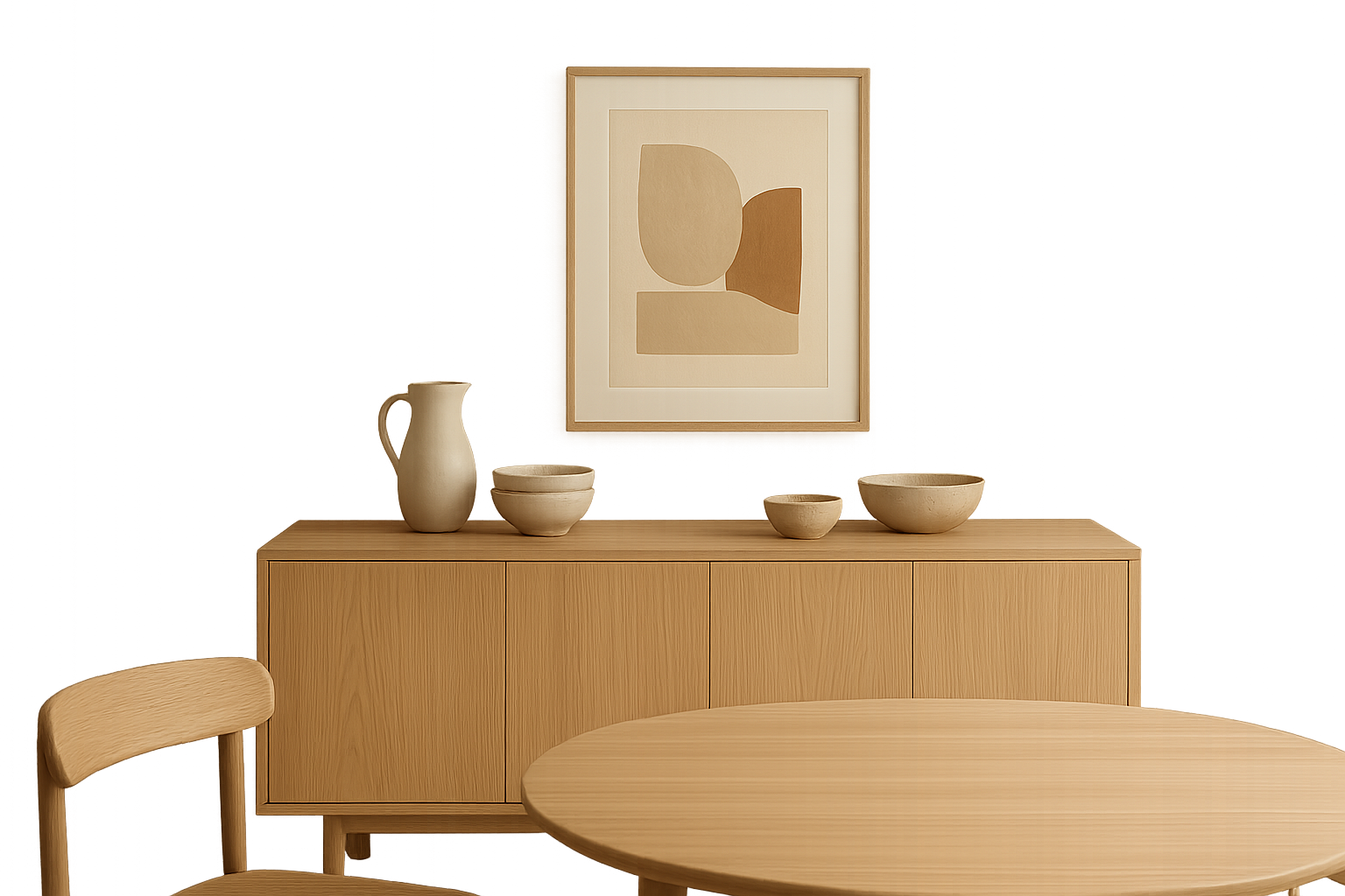 Minimal dining wall with low ash sideboard, ceramic tableware styling, and framed abstract art in warm neutral palette