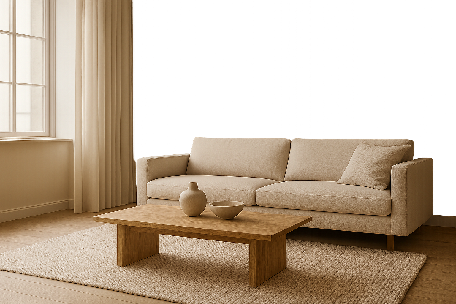 Modern Scandinavian living room with oak furniture, soft linen textiles, and warm natural daylight
