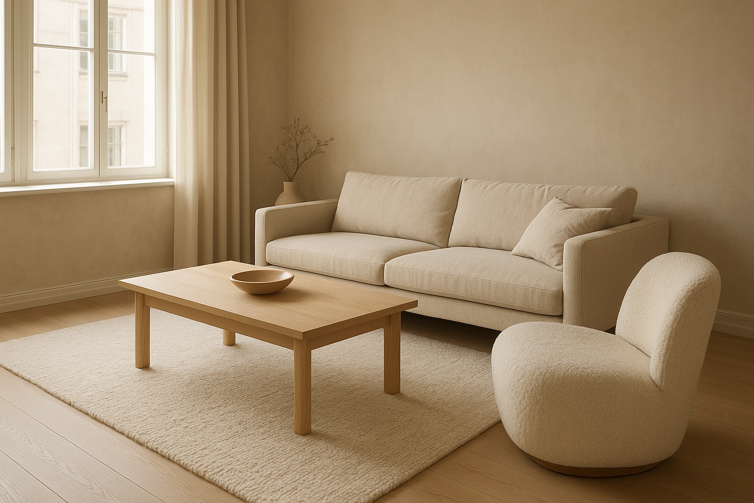 Sunlit Scandinavian living room with an oatmeal linen sofa, pale oak coffee table, boucle lounge chair, and layered natural textures