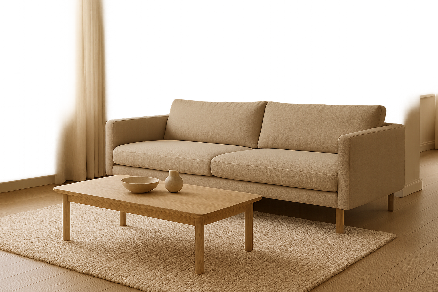 Scandinavian living room with a low-profile oat linen sofa, pale oak coffee table, and textured wool rug in warm morning light