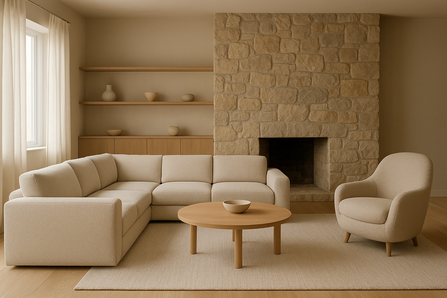 Warm modern living room with modular sand sofa, sculpted armchair, and stone fireplace wall framed by light timber shelving