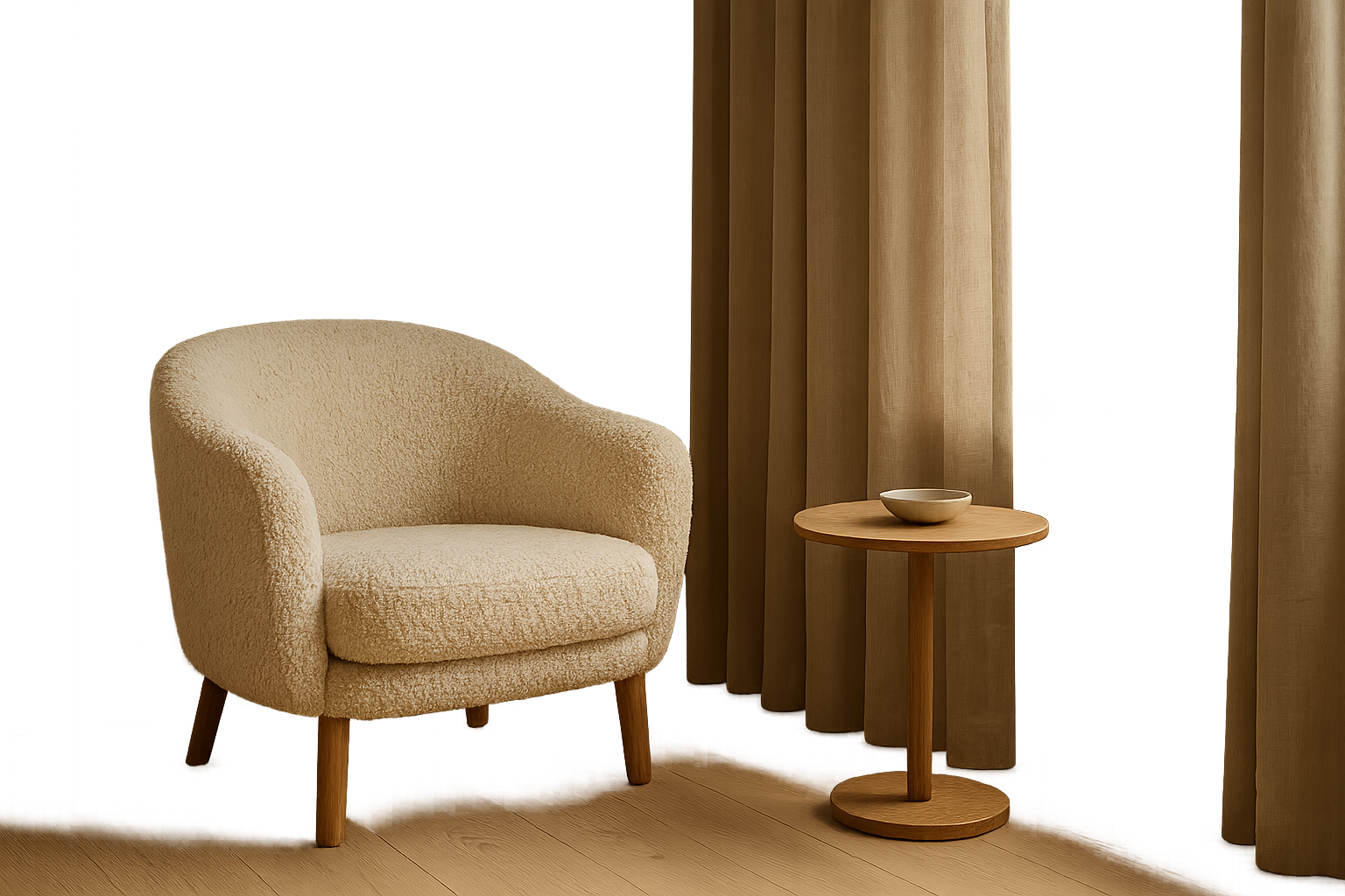 Quiet living corner with a curved boucle lounge chair, slim side table, and full-height window drapery in beige tones