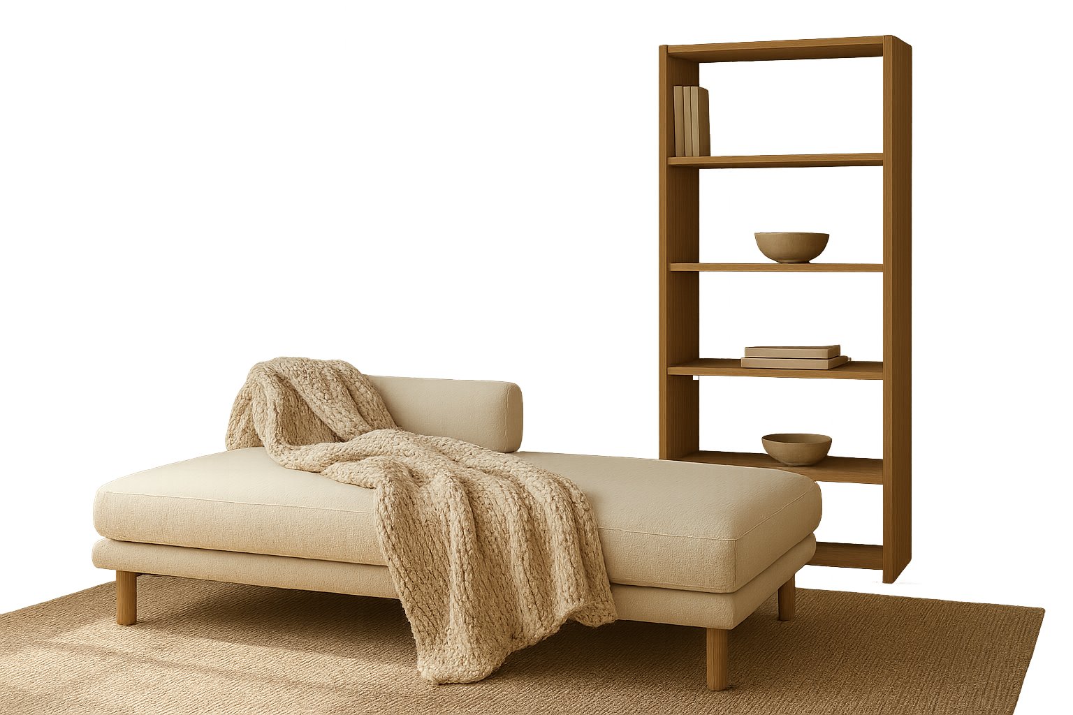 Sunlit lounge with minimalist daybed in cream upholstery, oversized knit throw, and ash bookshelf across lime-washed walls