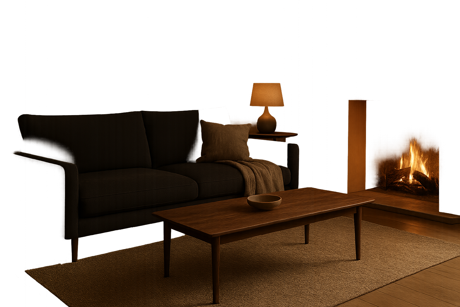Evening lounge interior with deep charcoal fabric sofa, slim walnut coffee table, and soft firelight ambience