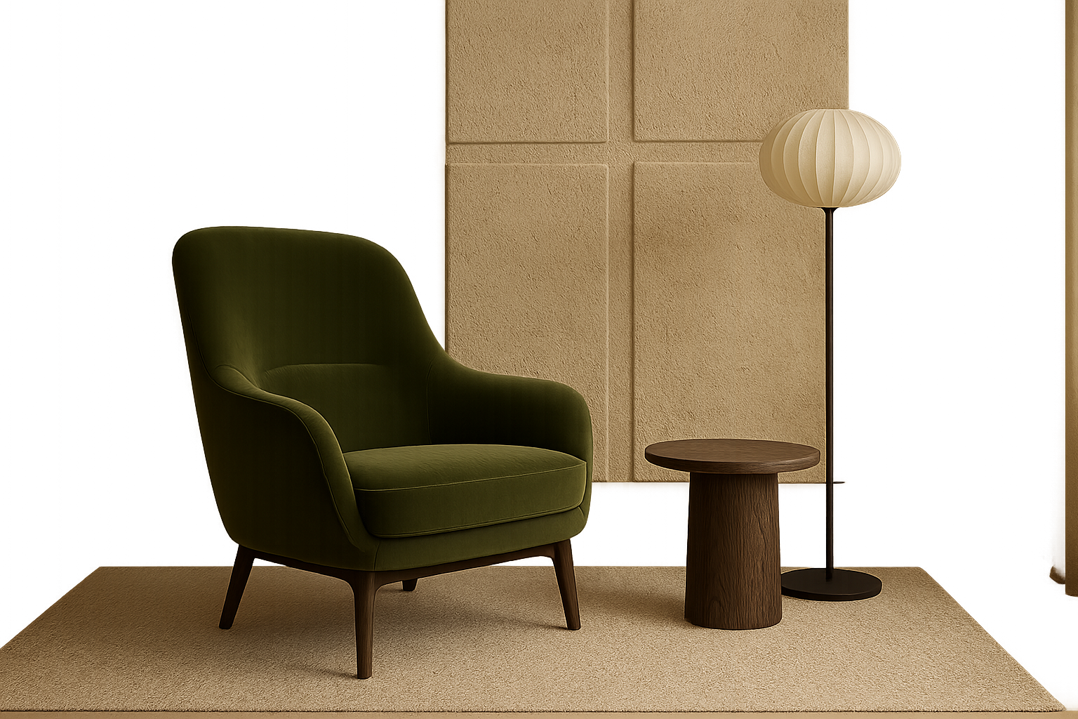 Calm lounge setting with a moss velvet lounge chair, smoked oak side table, and floor lamp beside textured wall panels