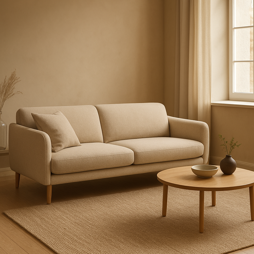 Furniture placed in a calm modern living room with warm natural light