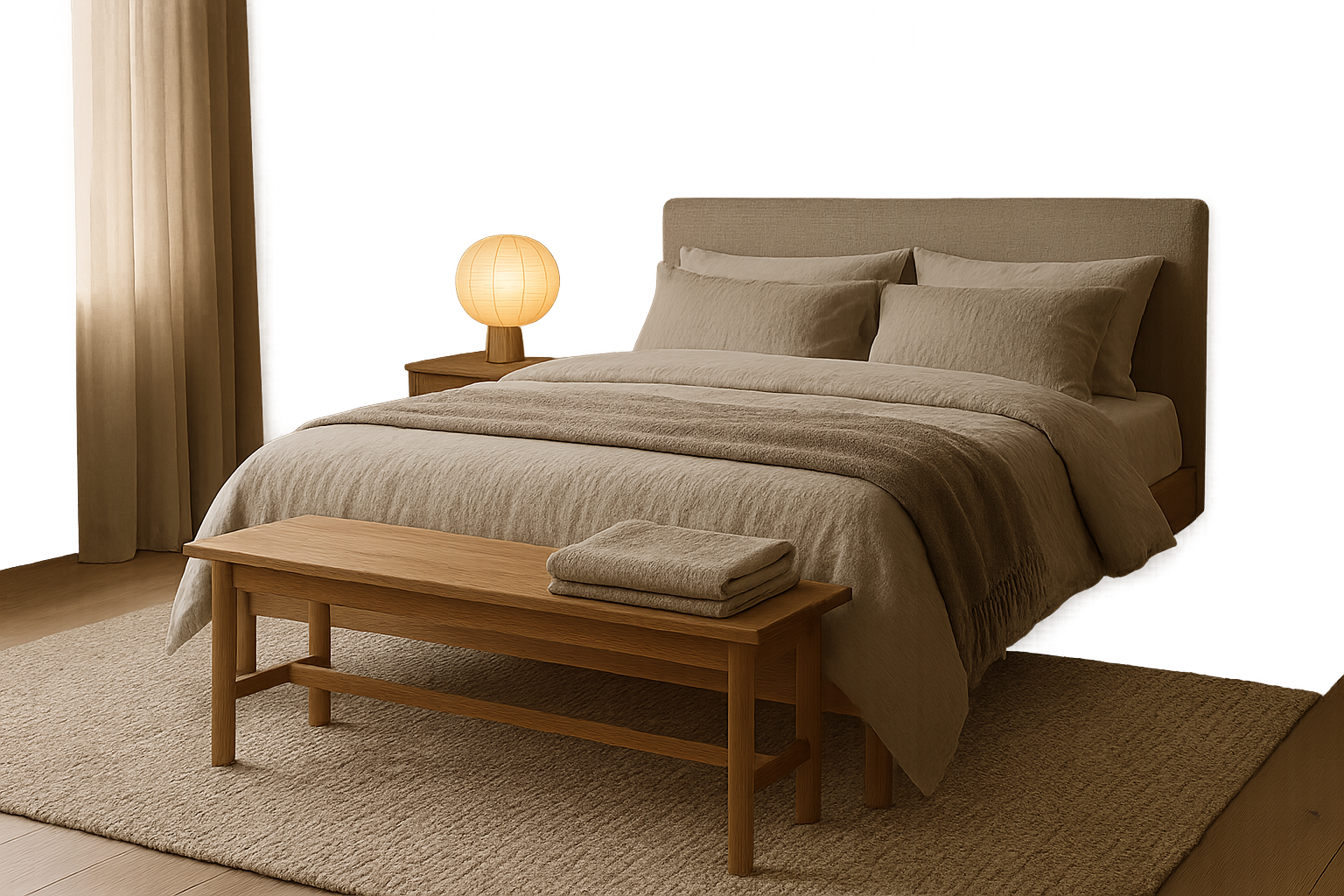 Muted bedroom with an oak end-of-bed bench, textured wool throw, and paper lantern lighting
