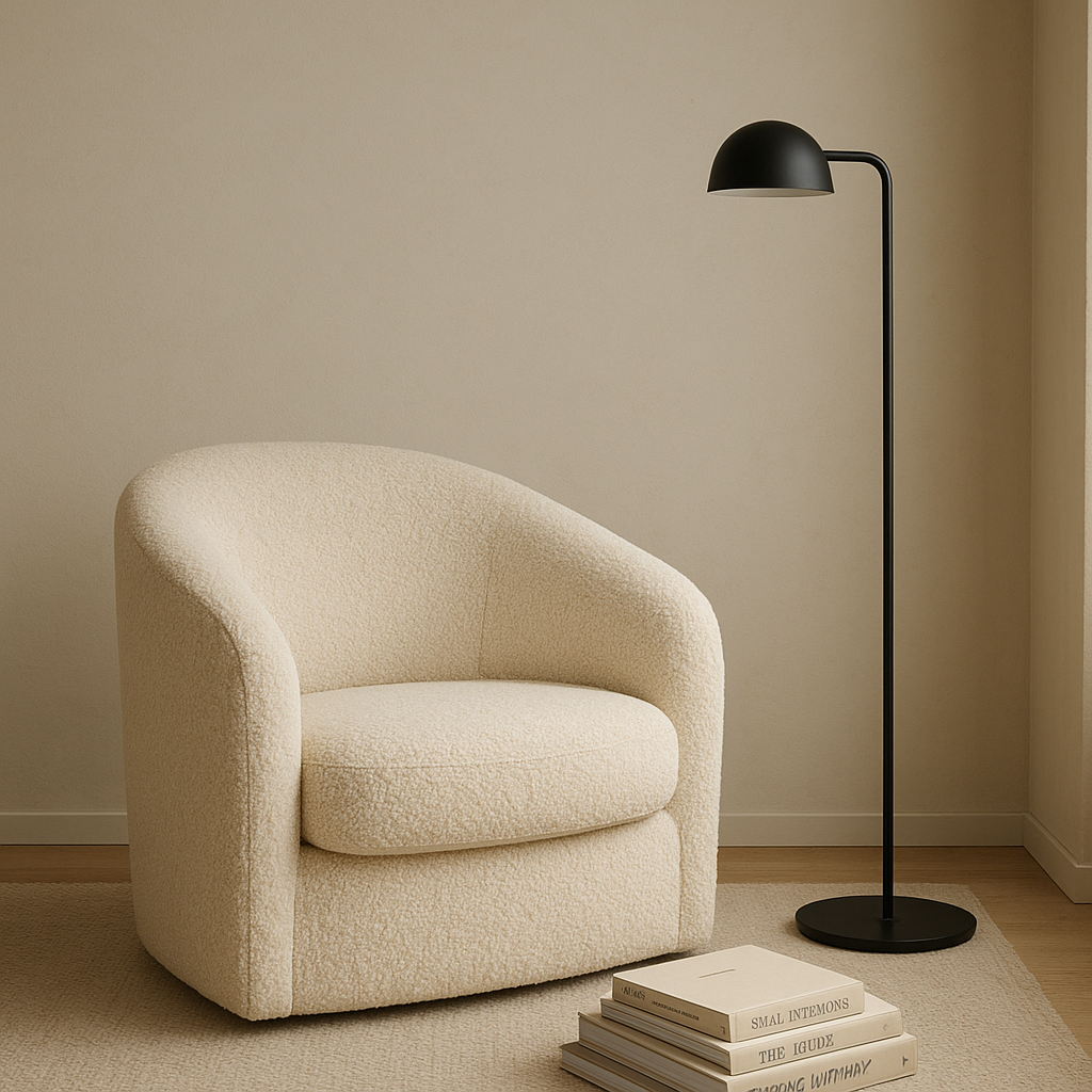 Compact reading corner with a cream boucle armchair, slim black floor lamp, and stacked art books