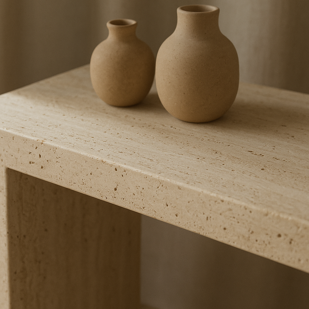 Close-up of a travertine console table edge with handcrafted joinery and matte ceramic objects